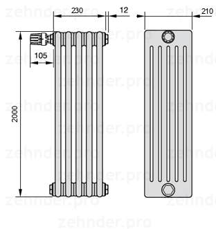 Схема (чертеж) Радиатор Zehnder Charleston 6200/5 №V012 Белый глянцевый RAL 9016